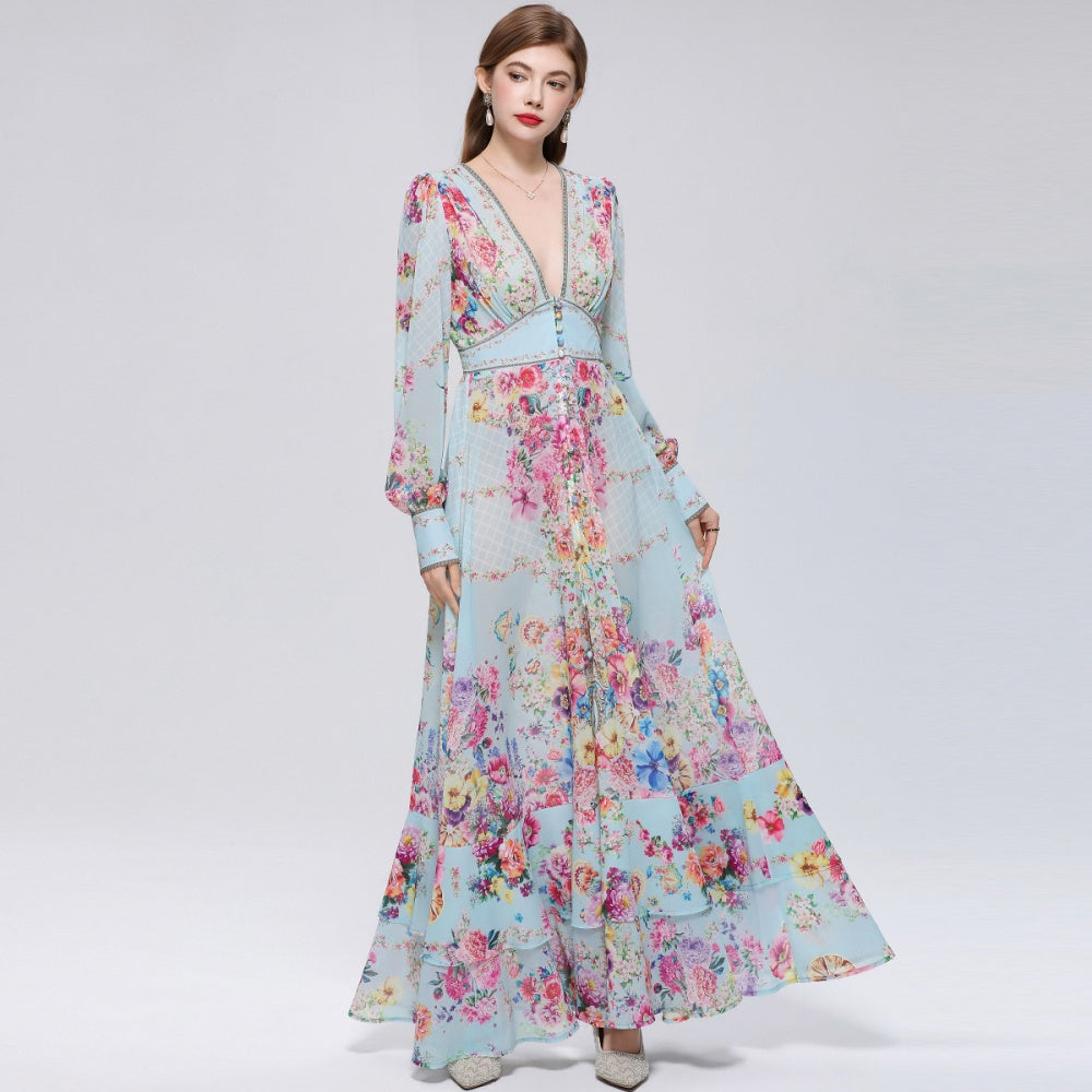 CM-DY070550 Women Elegant European Style Deep V-Neck Long Sleeve Pinched Waist Maxi Dress - Blue