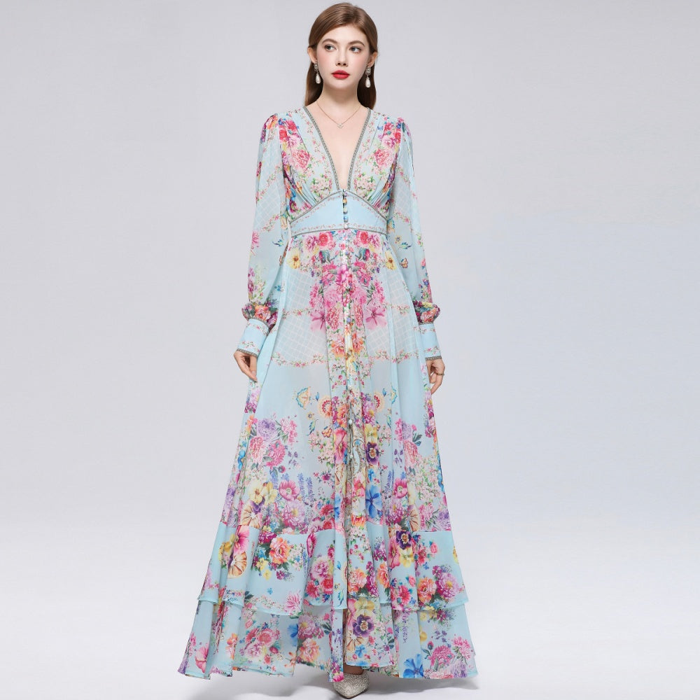 CM-DY070550 Women Elegant European Style Deep V-Neck Long Sleeve Pinched Waist Maxi Dress - Blue