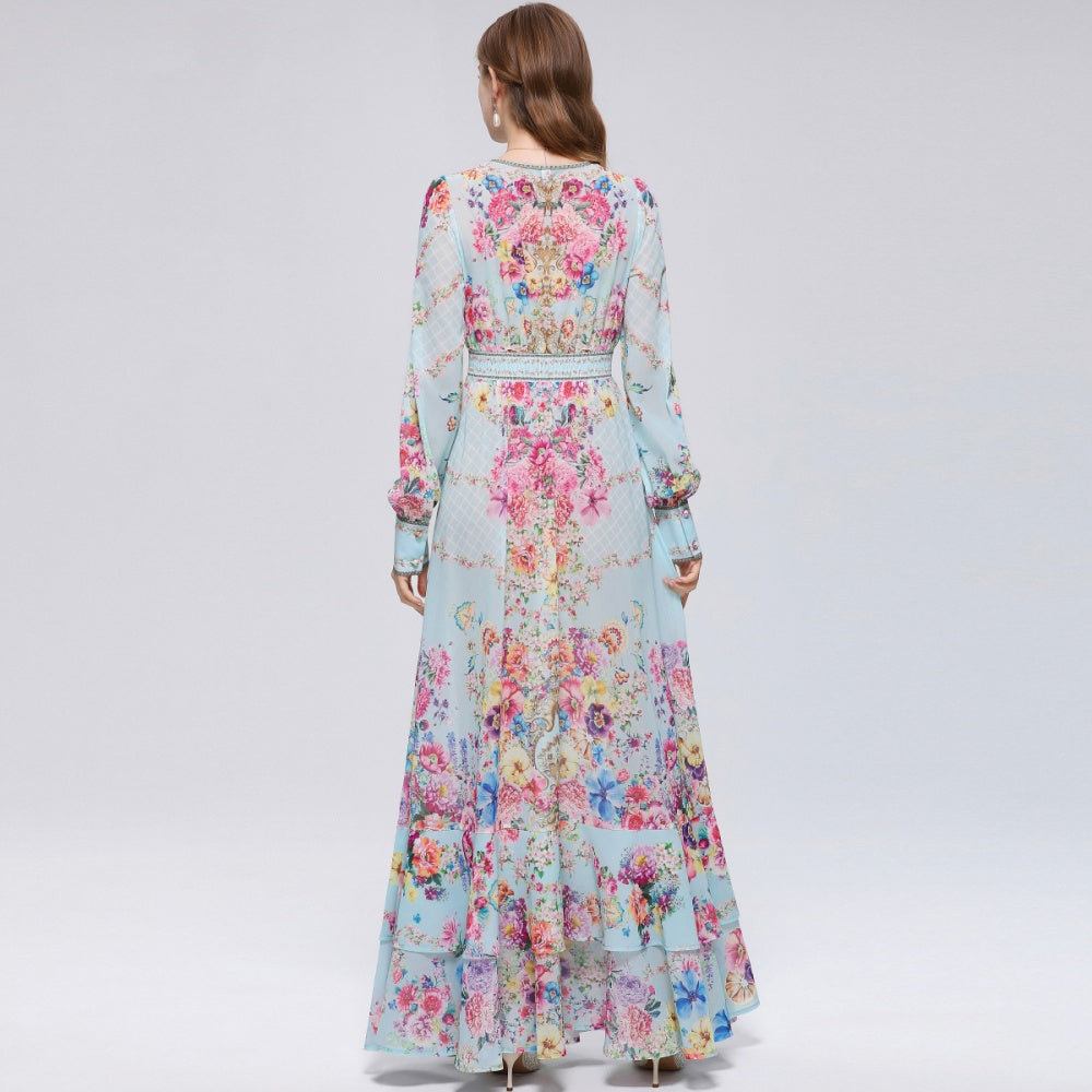 CM-DY070550 Women Elegant European Style Deep V-Neck Long Sleeve Pinched Waist Maxi Dress - Blue