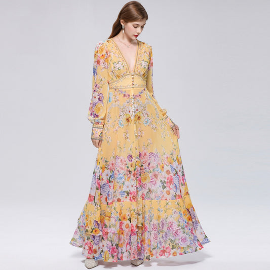 CM-DY070551 Women Elegant European Style Deep V-Neck Long Sleeve Pinched Waist Maxi Dress - Yellow