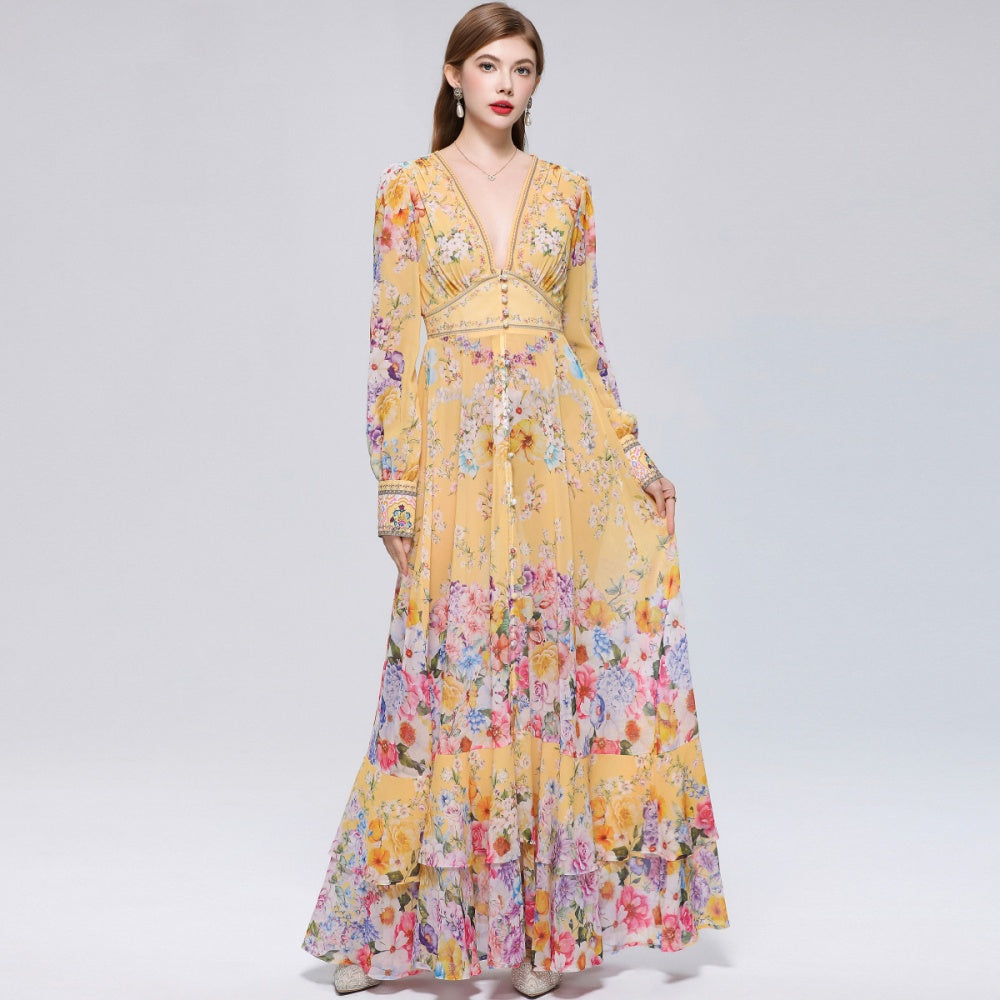 CM-DY070551 Women Elegant European Style Deep V-Neck Long Sleeve Pinched Waist Maxi Dress - Yellow
