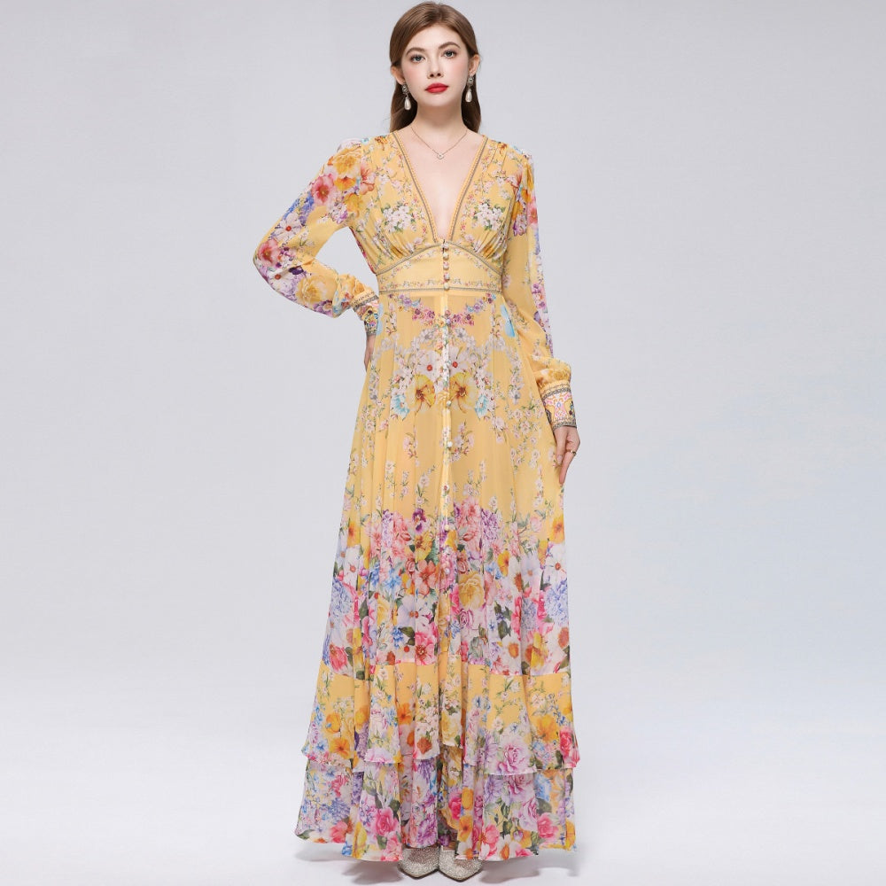 CM-DY070551 Women Elegant European Style Deep V-Neck Long Sleeve Pinched Waist Maxi Dress - Yellow