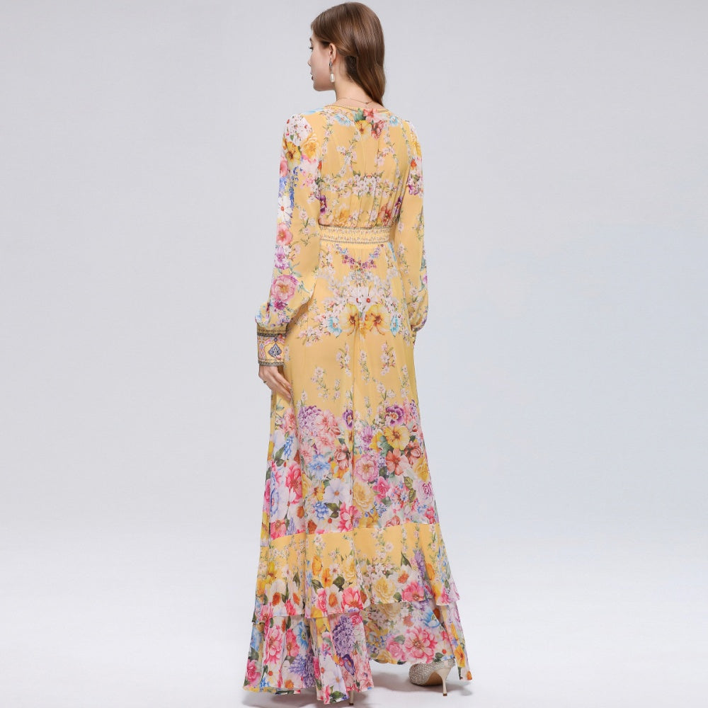 CM-DY070551 Women Elegant European Style Deep V-Neck Long Sleeve Pinched Waist Maxi Dress - Yellow