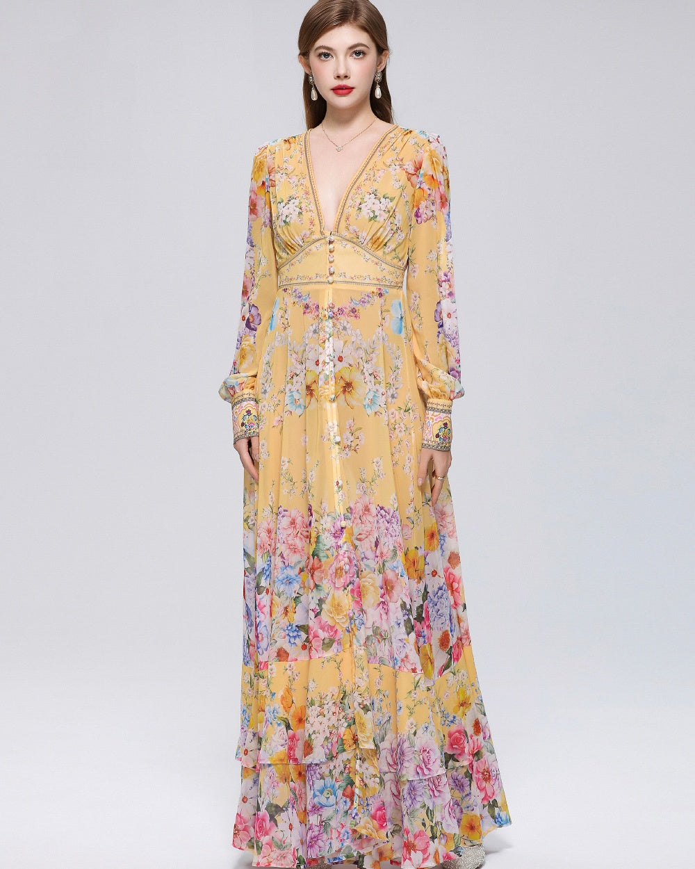 CM-DY070551 Women Elegant European Style Deep V-Neck Long Sleeve Pinched Waist Maxi Dress - Yellow
