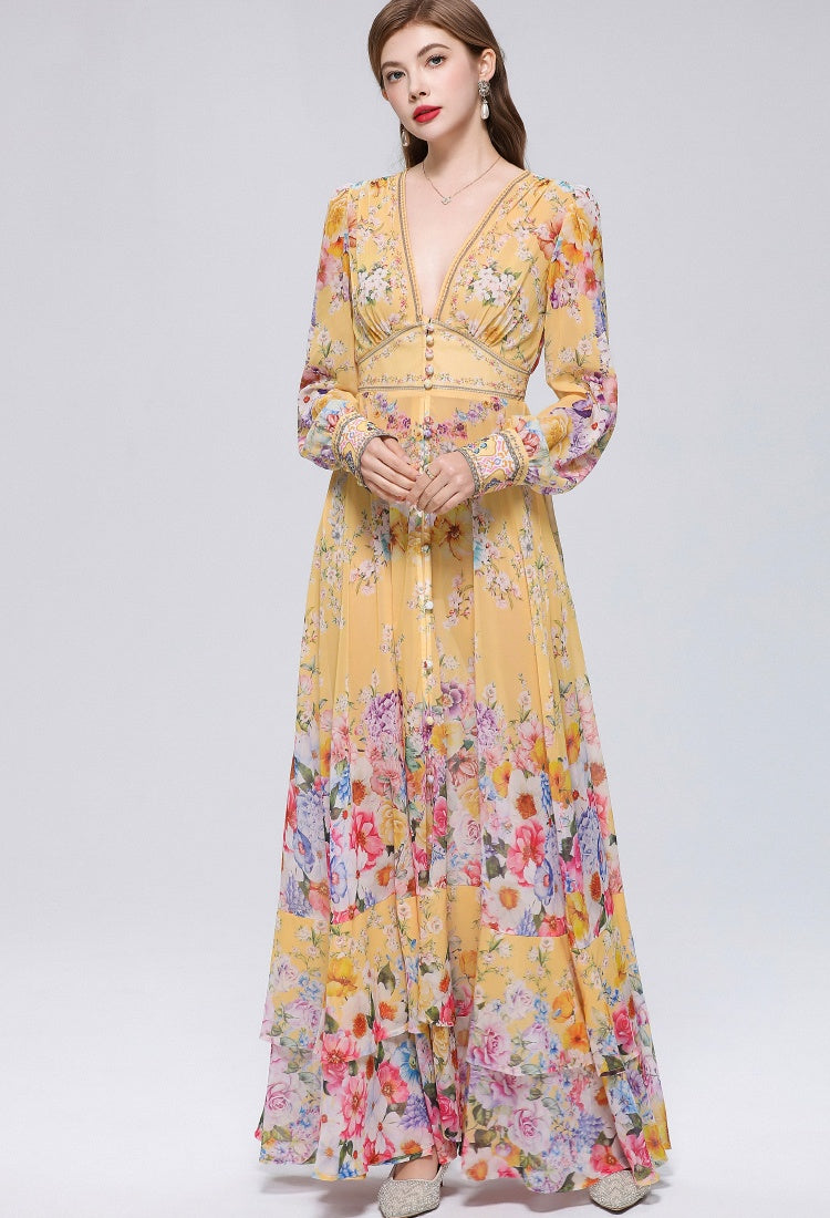 CM-DY070551 Women Elegant European Style Deep V-Neck Long Sleeve Pinched Waist Maxi Dress - Yellow