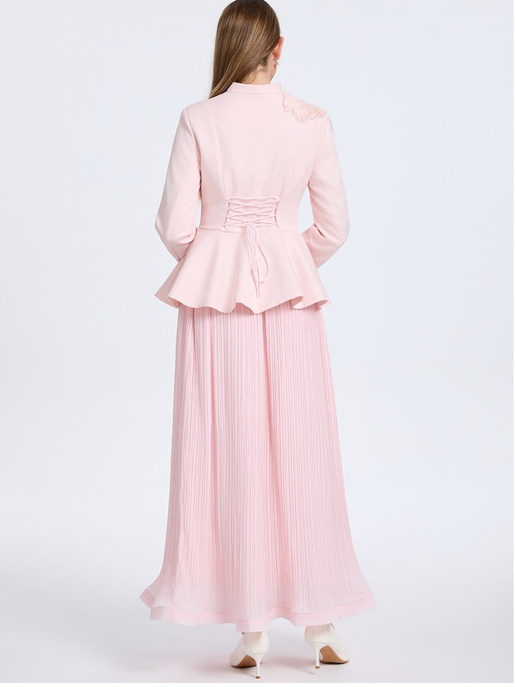 CM-SY070554 Women Elegant European Style V-Neck Long Sleeve Waistband Top With Pleated Maxi Skirt - Set
