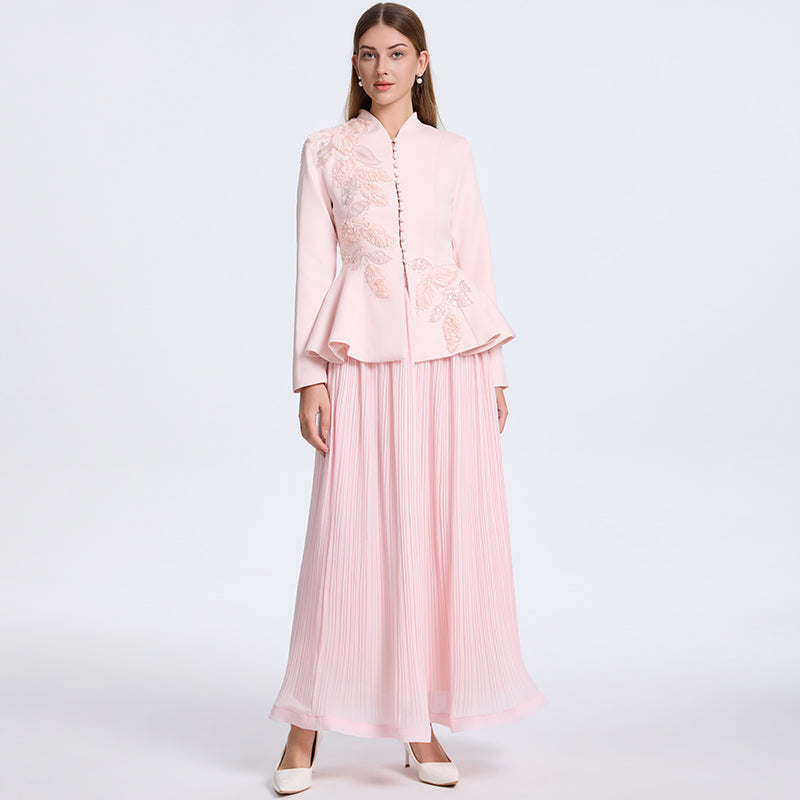 CM-SY070554 Women Elegant European Style V-Neck Long Sleeve Waistband Top With Pleated Maxi Skirt - Set