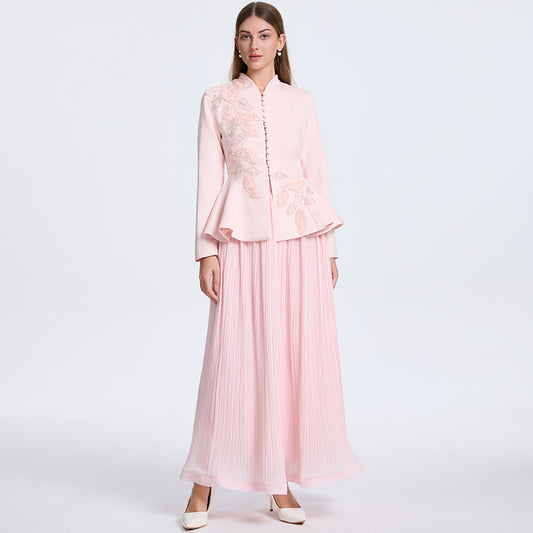 CM-SY070554 Women Elegant European Style V-Neck Long Sleeve Waistband Top With Pleated Maxi Skirt - Set