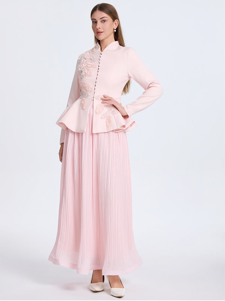 CM-SY070554 Women Elegant European Style V-Neck Long Sleeve Waistband Top With Pleated Maxi Skirt - Set