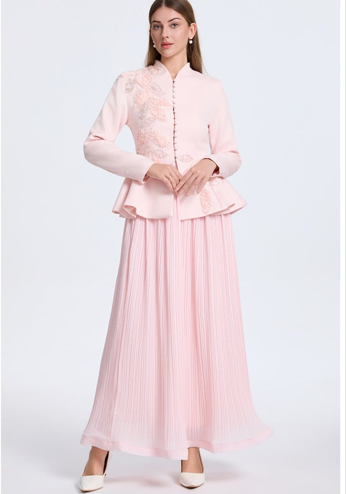 CM-SY070554 Women Elegant European Style V-Neck Long Sleeve Waistband Top With Pleated Maxi Skirt - Set