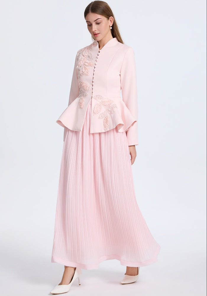 CM-SY070554 Women Elegant European Style V-Neck Long Sleeve Waistband Top With Pleated Maxi Skirt - Set
