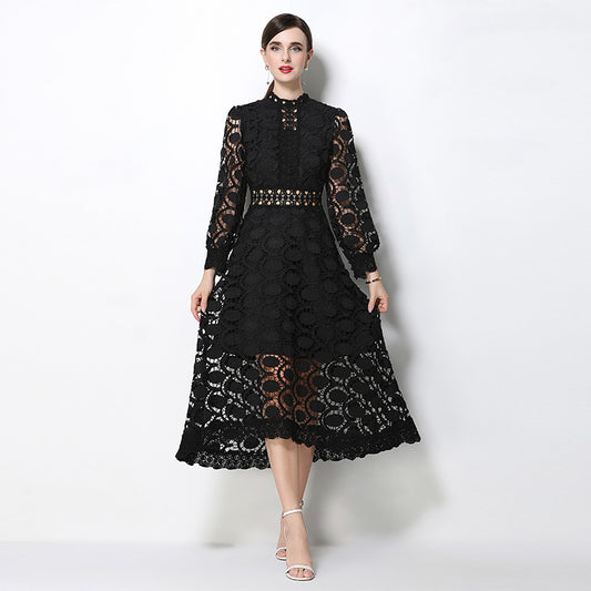 CM-DY070555 Women Elegant European Style Stand Collar Long Sleeve Mid-Length Dress (Available in 2 colors)