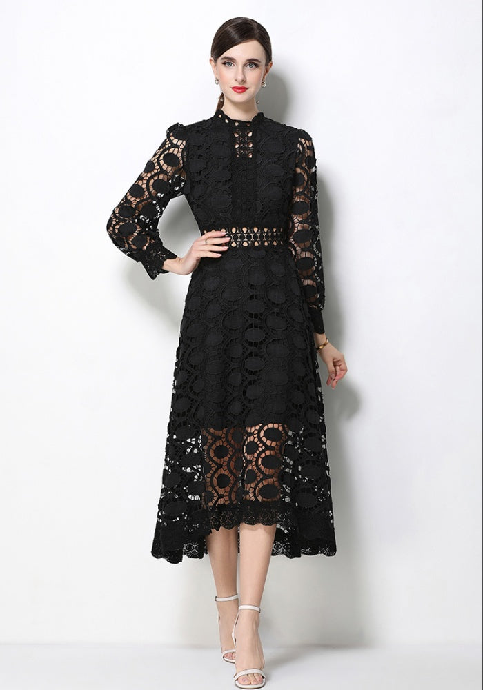 CM-DY070555 Women Elegant European Style Stand Collar Long Sleeve Mid-Length Dress (Available in 2 colors)
