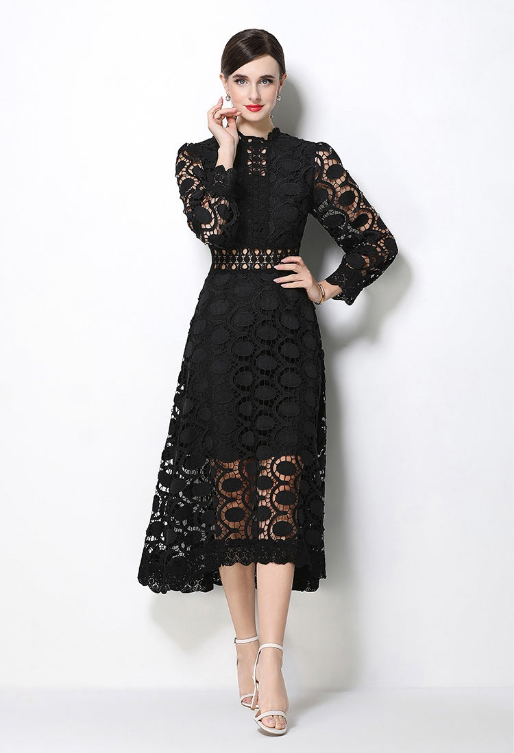 CM-DY070555 Women Elegant European Style Stand Collar Long Sleeve Mid-Length Dress (Available in 2 colors)