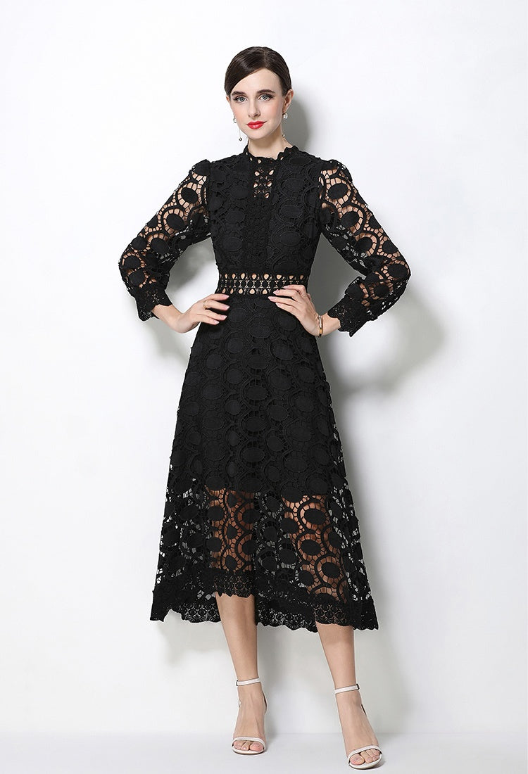 CM-DY070555 Women Elegant European Style Stand Collar Long Sleeve Mid-Length Dress (Available in 2 colors)