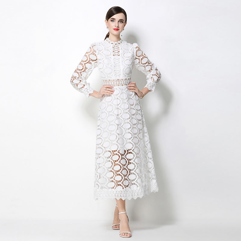 CM-DY070555 Women Elegant European Style Stand Collar Long Sleeve Mid-Length Dress (Available in 2 colors)