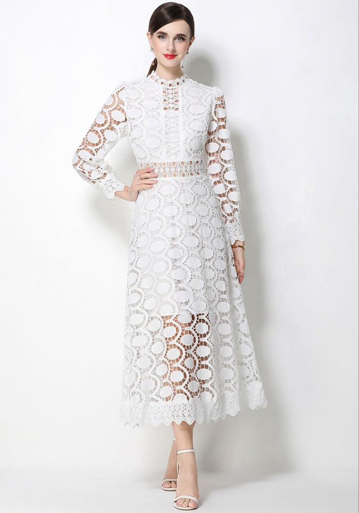 CM-DY070555 Women Elegant European Style Stand Collar Long Sleeve Mid-Length Dress (Available in 2 colors)