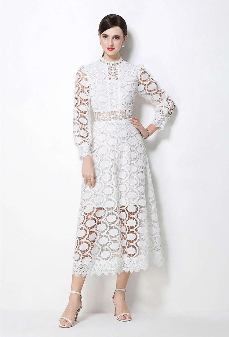 CM-DY070555 Women Elegant European Style Stand Collar Long Sleeve Mid-Length Dress (Available in 2 colors)