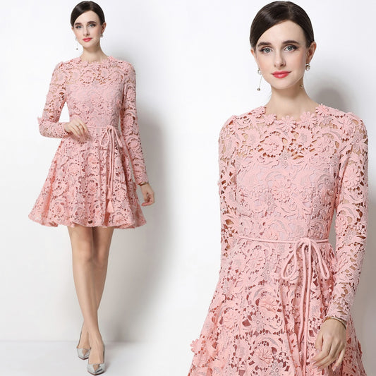 CM-DY070619 Women Elegant European Style Lace Round Neck Long Sleeve Pinched Waist Mini Dress - Pink