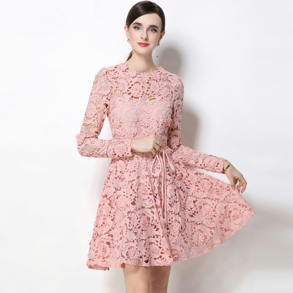 CM-DY070619 Women Elegant European Style Lace Round Neck Long Sleeve Pinched Waist Mini Dress - Pink