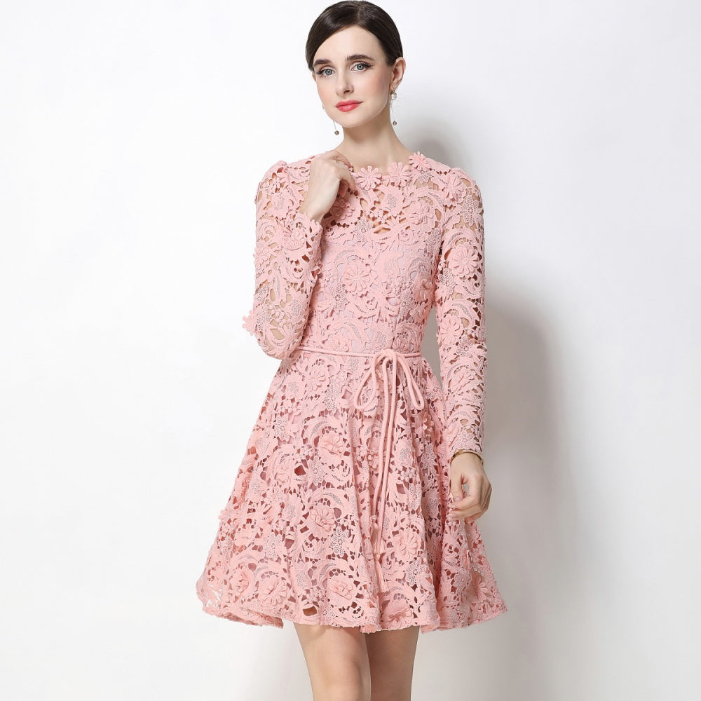 CM-DY070619 Women Elegant European Style Lace Round Neck Long Sleeve Pinched Waist Mini Dress - Pink
