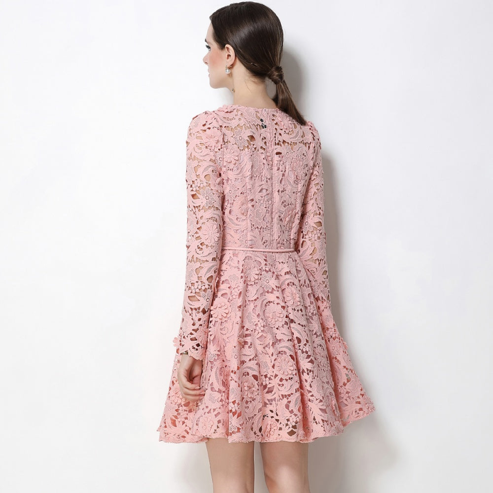 CM-DY070619 Women Elegant European Style Lace Round Neck Long Sleeve Pinched Waist Mini Dress - Pink