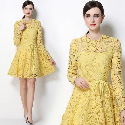 CM-DY070620 Women Elegant European Style Lace Round Neck Long Sleeve Pinched Waist Mini Dress - Yellow