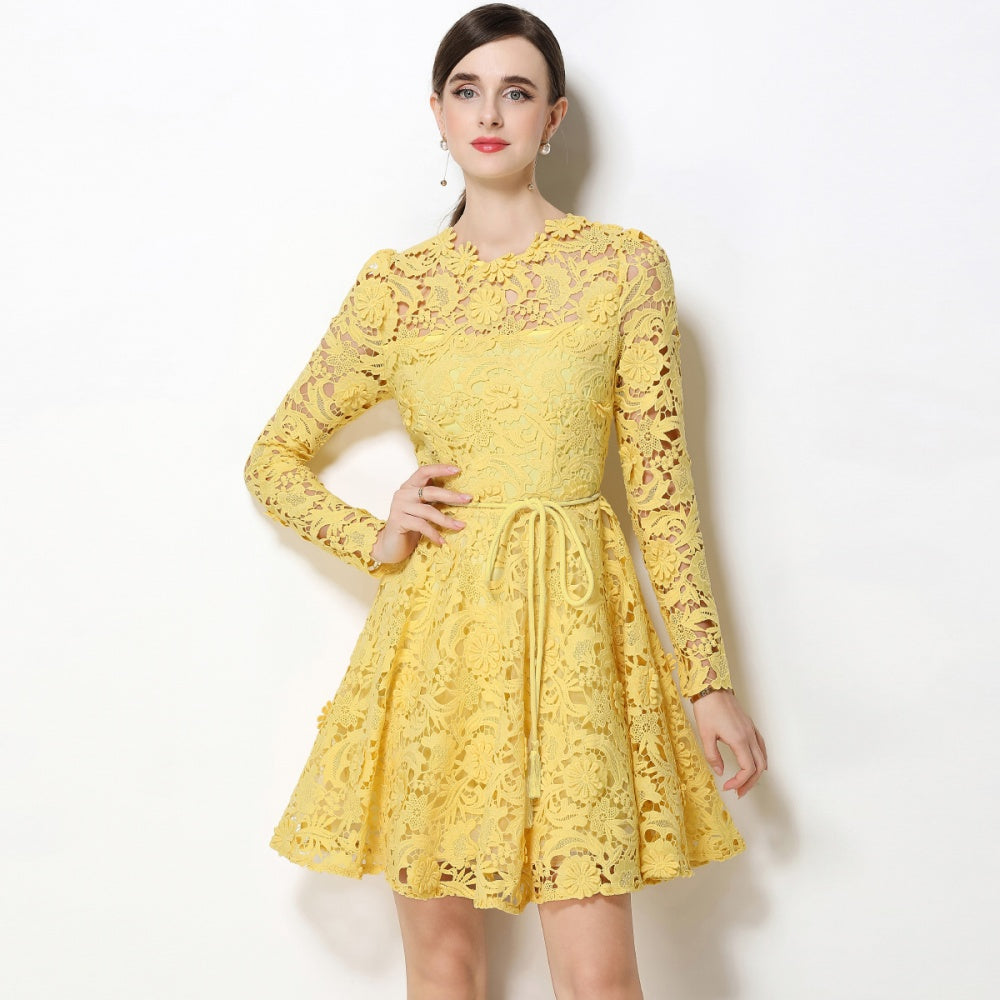 CM-DY070620 Women Elegant European Style Lace Round Neck Long Sleeve Pinched Waist Mini Dress - Yellow