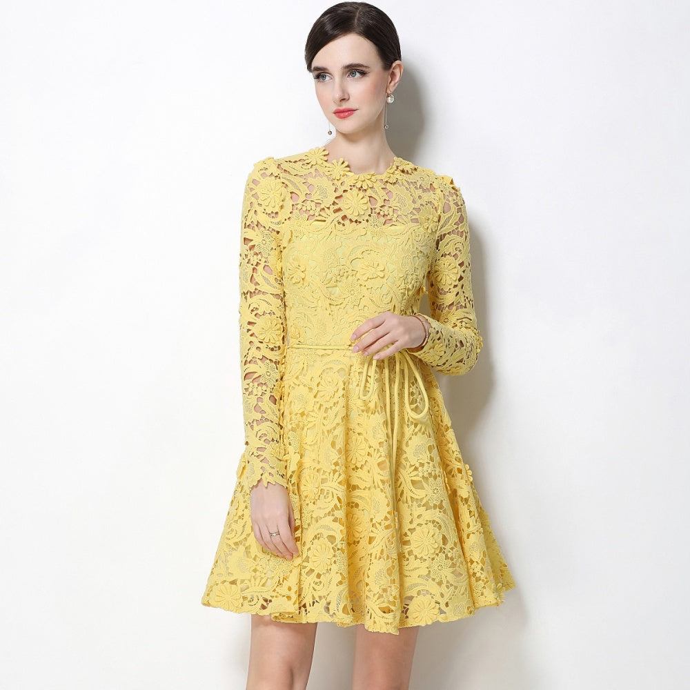 CM-DY070620 Women Elegant European Style Lace Round Neck Long Sleeve Pinched Waist Mini Dress - Yellow