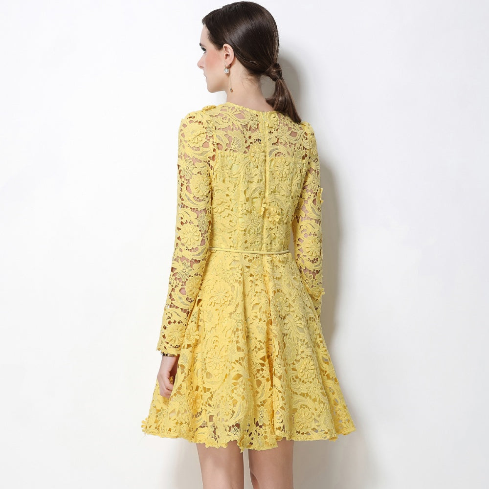 CM-DY070620 Women Elegant European Style Lace Round Neck Long Sleeve Pinched Waist Mini Dress - Yellow