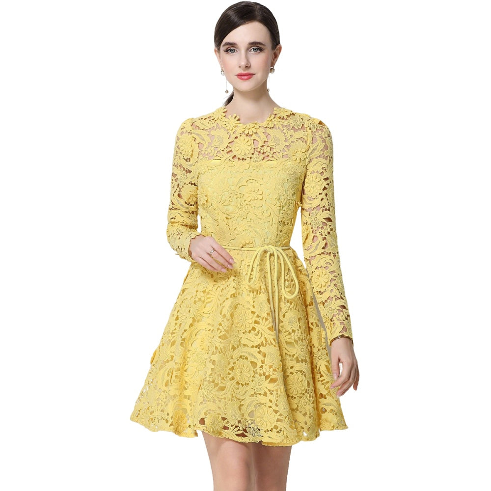 CM-DY070620 Women Elegant European Style Lace Round Neck Long Sleeve Pinched Waist Mini Dress - Yellow