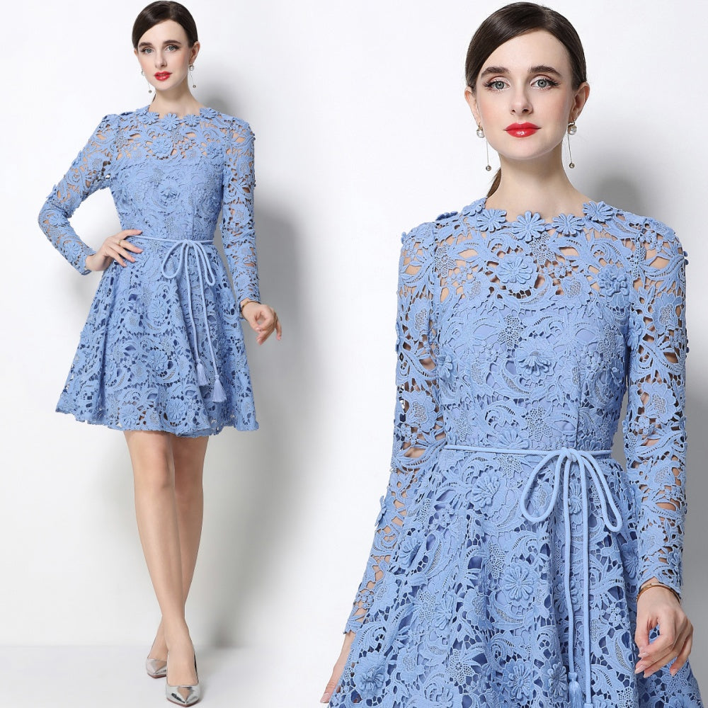 CM-DY070621 Women Elegant European Style Lace Round Neck Long Sleeve Pinched Waist Mini Dress - Blue
