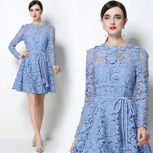 CM-DY070621 Women Elegant European Style Lace Round Neck Long Sleeve Pinched Waist Mini Dress - Blue
