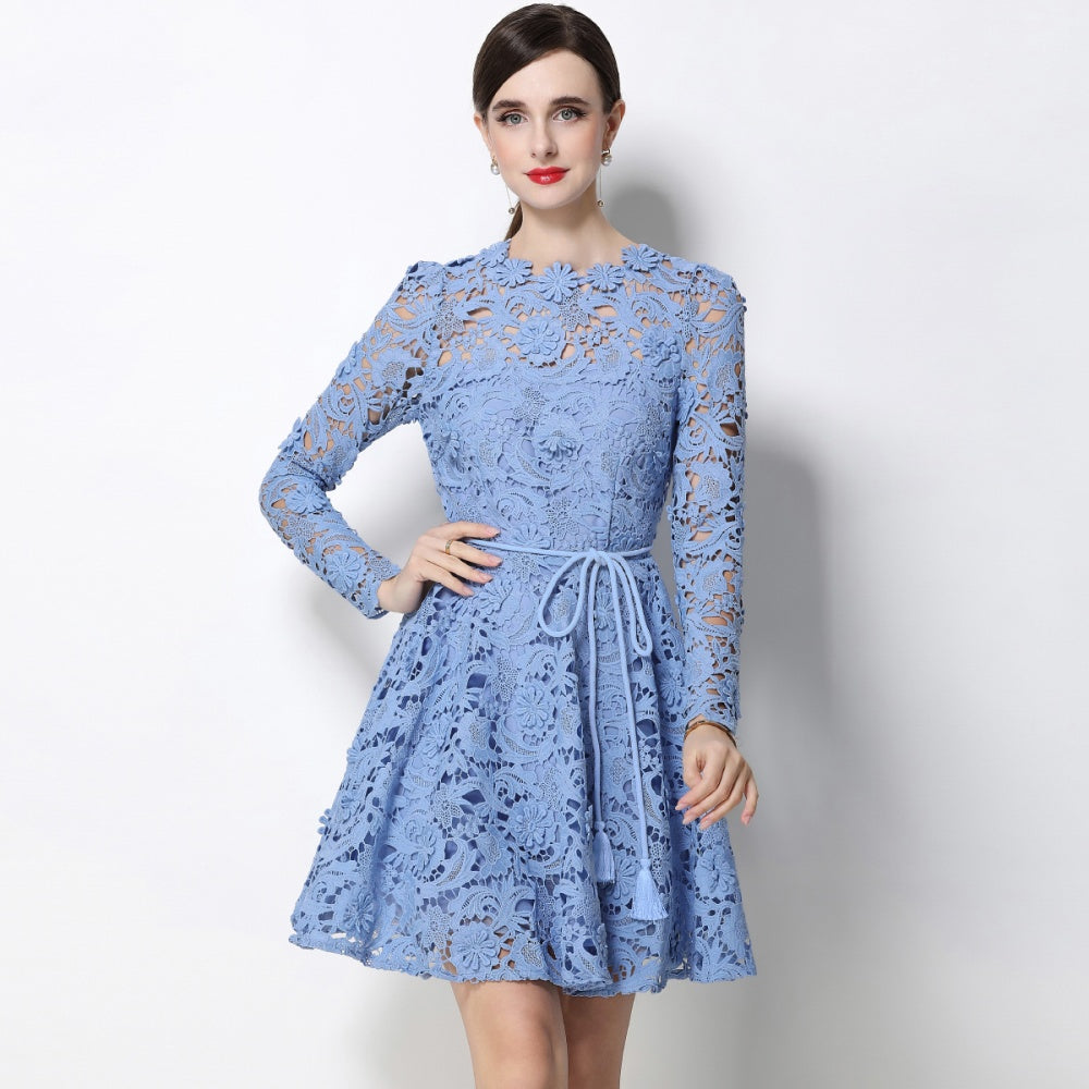 CM-DY070621 Women Elegant European Style Lace Round Neck Long Sleeve Pinched Waist Mini Dress - Blue