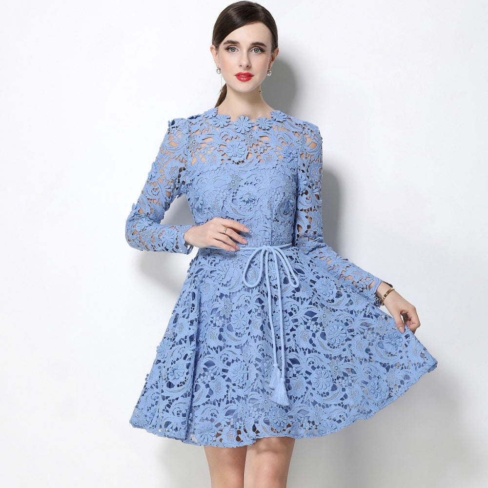 CM-DY070621 Women Elegant European Style Lace Round Neck Long Sleeve Pinched Waist Mini Dress - Blue