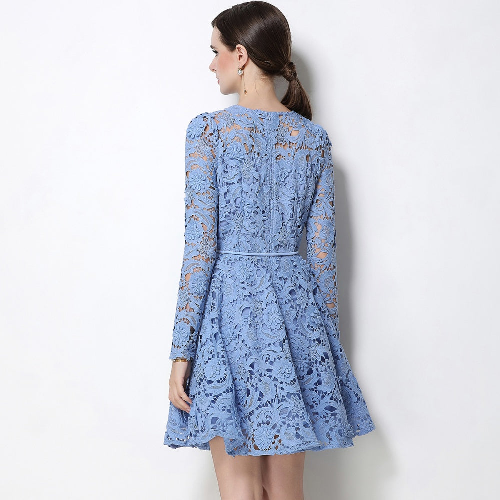 CM-DY070621 Women Elegant European Style Lace Round Neck Long Sleeve Pinched Waist Mini Dress - Blue