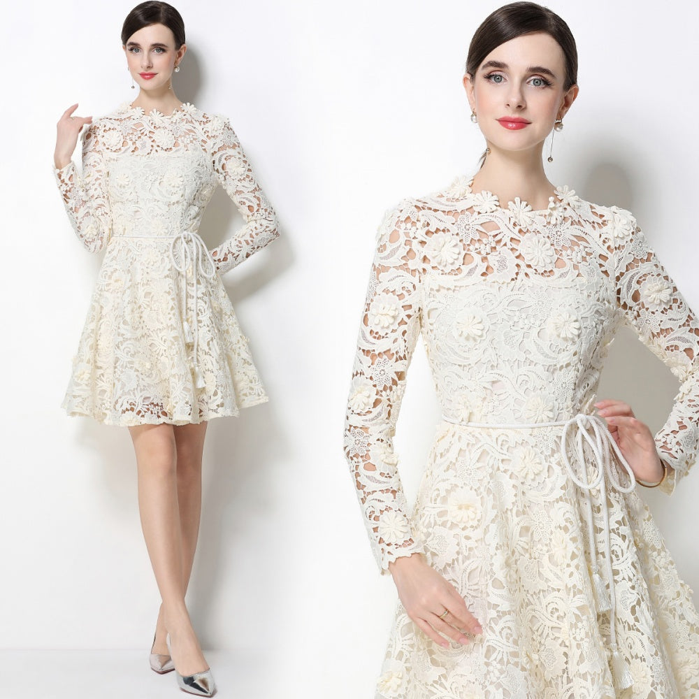 CM-DY070622 Women Elegant European Style Lace Round Neck Long Sleeve Pinched Waist Mini Dress - Apricot