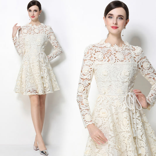 CM-DY070622 Women Elegant European Style Lace Round Neck Long Sleeve Pinched Waist Mini Dress - Apricot