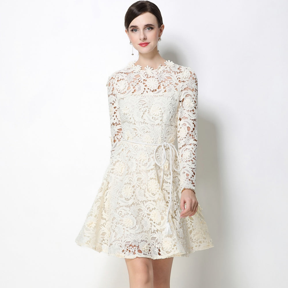 CM-DY070622 Women Elegant European Style Lace Round Neck Long Sleeve Pinched Waist Mini Dress - Apricot