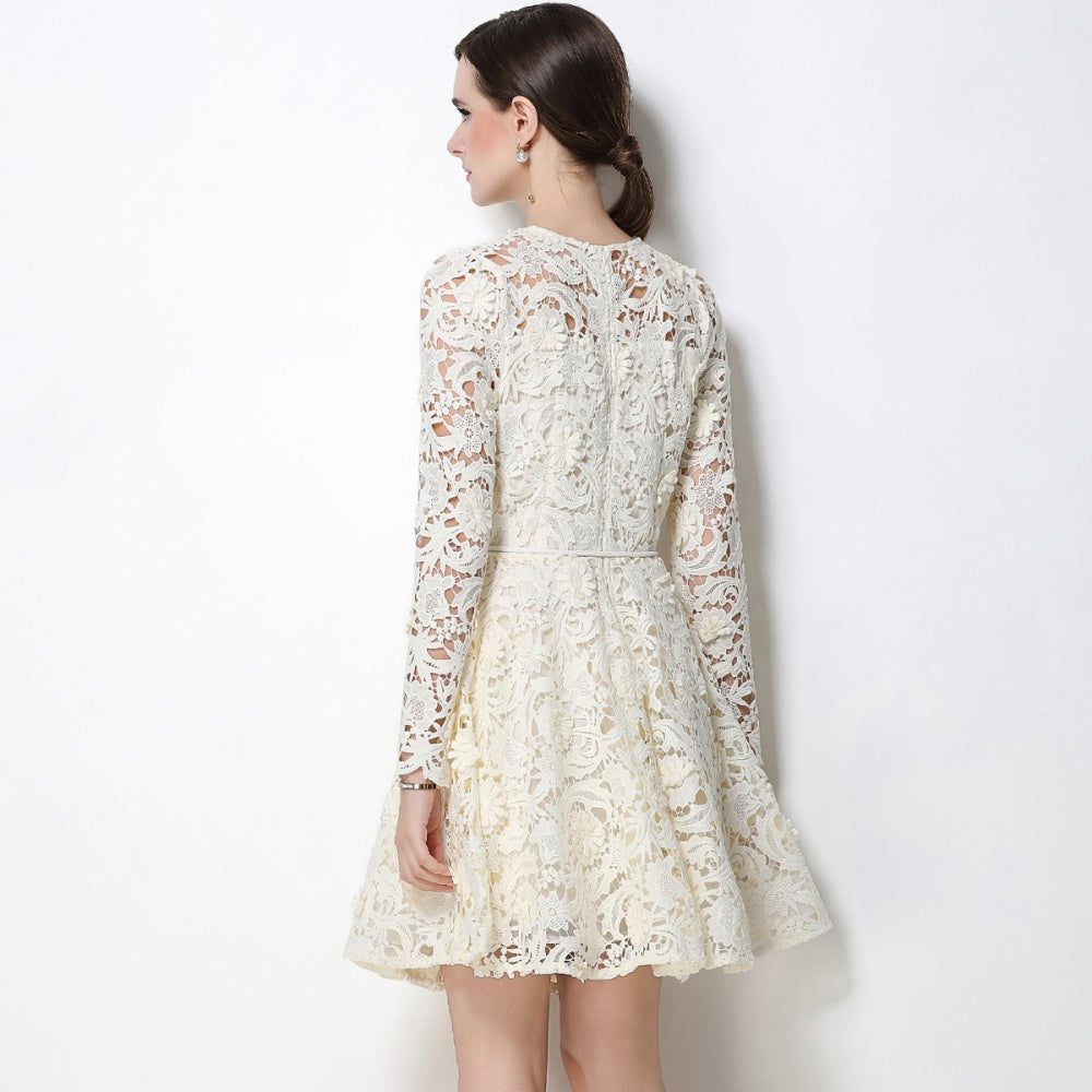 CM-DY070622 Women Elegant European Style Lace Round Neck Long Sleeve Pinched Waist Mini Dress - Apricot