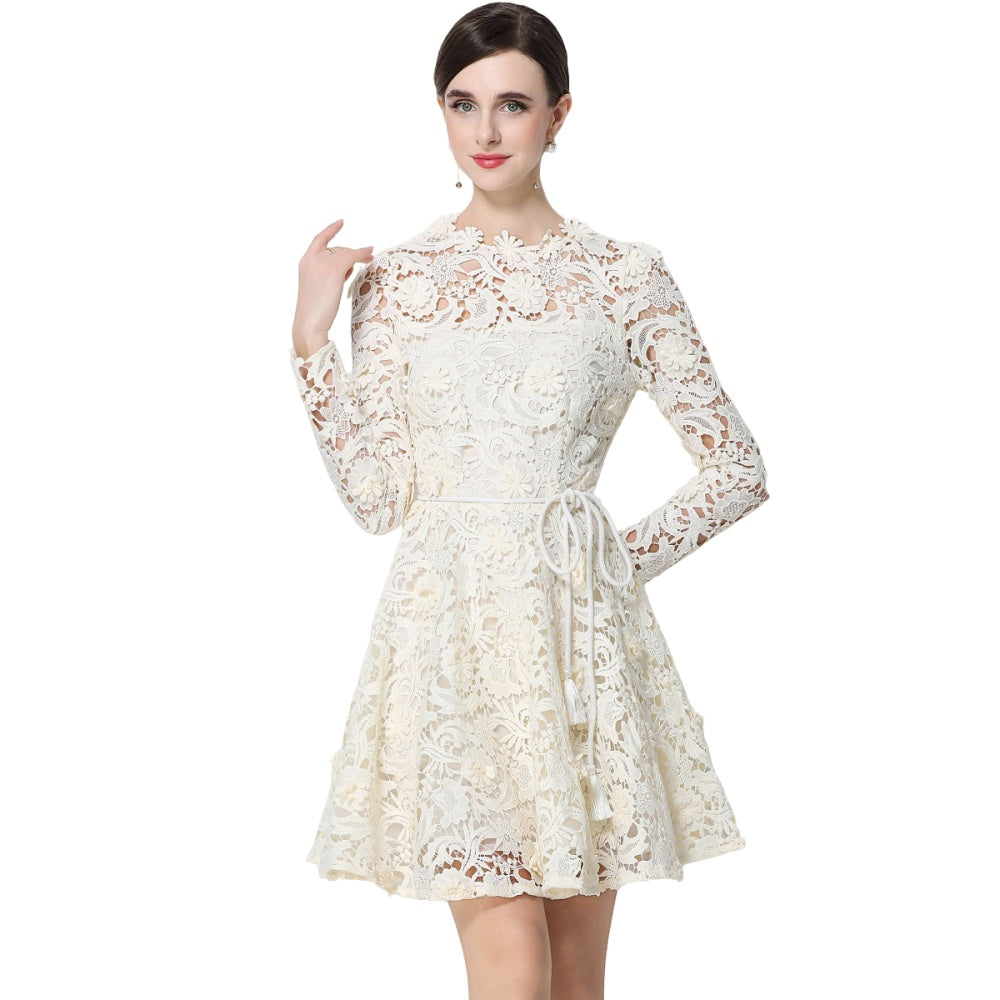 CM-DY070622 Women Elegant European Style Lace Round Neck Long Sleeve Pinched Waist Mini Dress - Apricot
