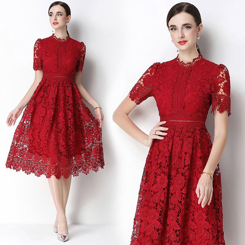 CM-DY070627 Women Elegant European Style Lace Stand Collar Short Sleeve Hollow Out Midi Dress - Wine Red