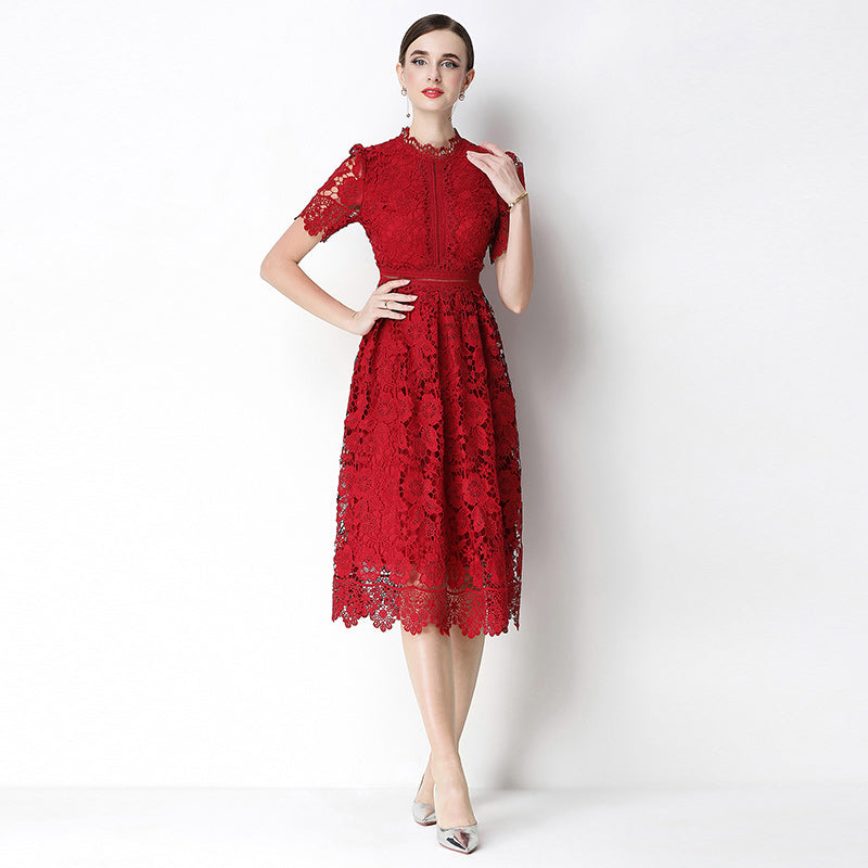 CM-DY070627 Women Elegant European Style Lace Stand Collar Short Sleeve Hollow Out Midi Dress - Wine Red