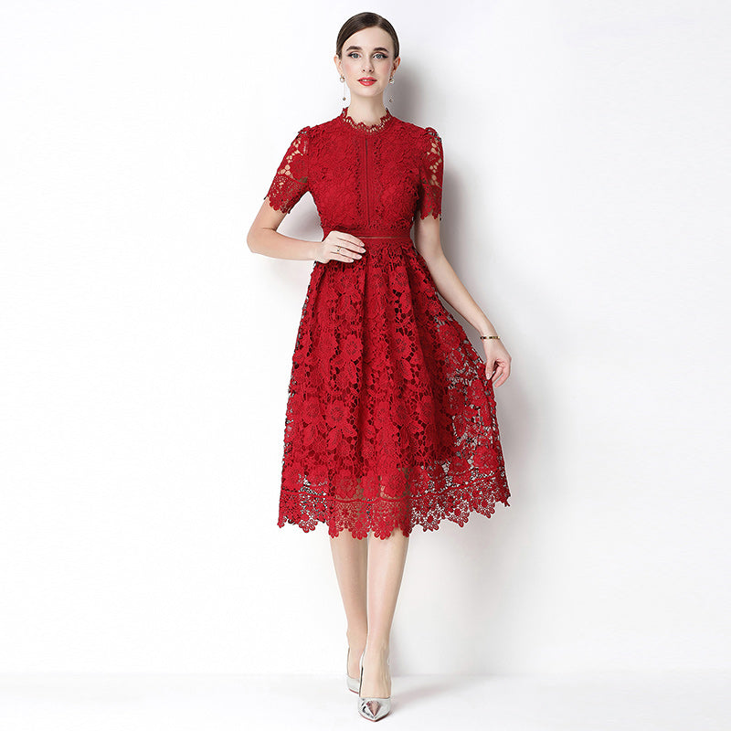 CM-DY070627 Women Elegant European Style Lace Stand Collar Short Sleeve Hollow Out Midi Dress - Wine Red