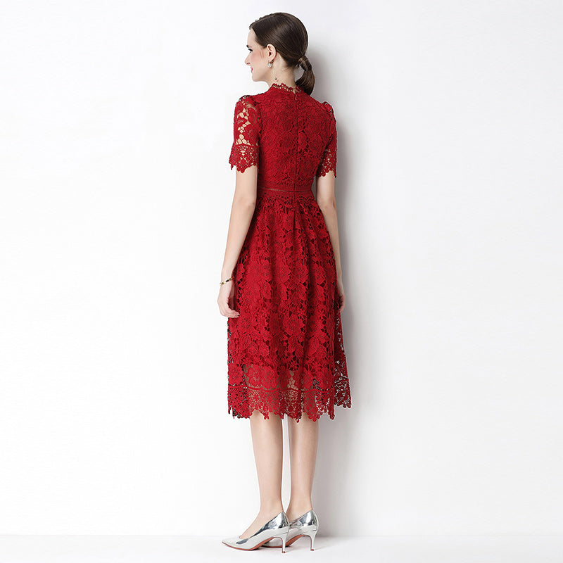 CM-DY070627 Women Elegant European Style Lace Stand Collar Short Sleeve Hollow Out Midi Dress - Wine Red