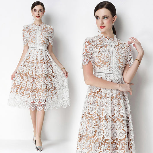 CM-DY070628 Women Elegant European Style Lace Stand Collar Short Sleeve Hollow Out Midi Dress - White