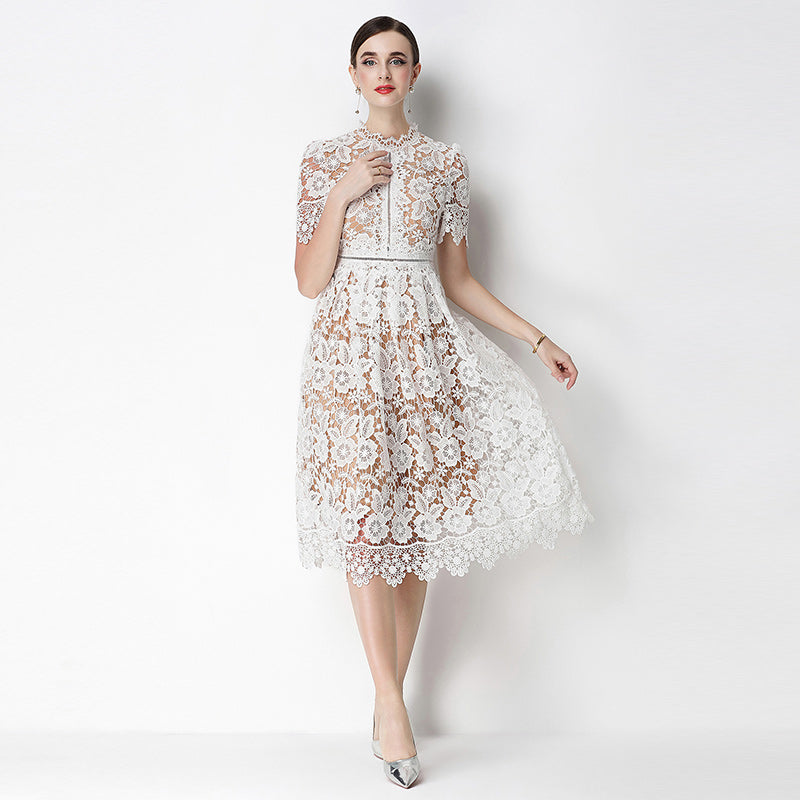 CM-DY070628 Women Elegant European Style Lace Stand Collar Short Sleeve Hollow Out Midi Dress - White