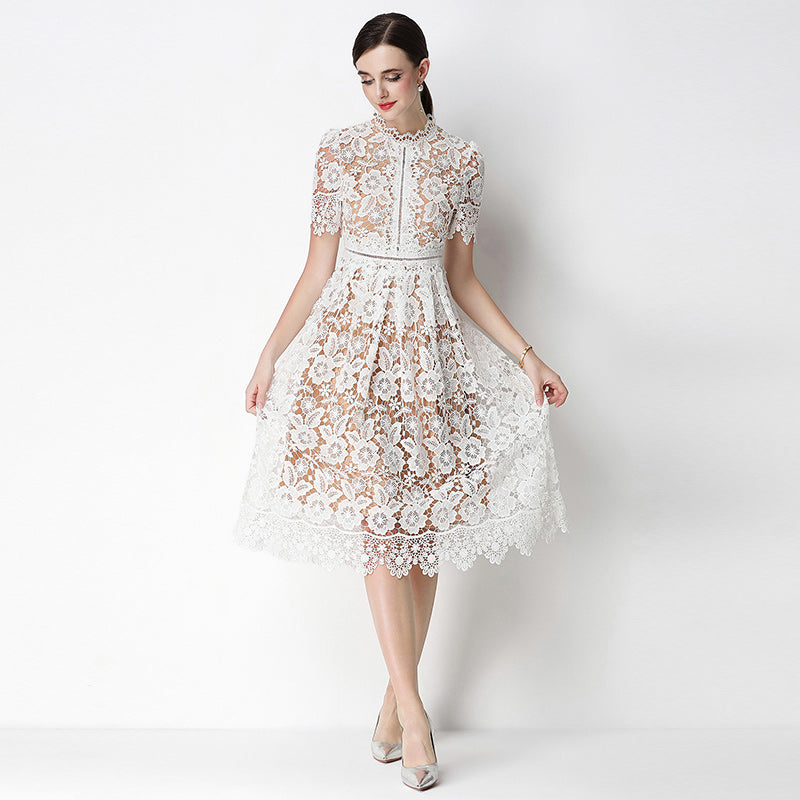 CM-DY070628 Women Elegant European Style Lace Stand Collar Short Sleeve Hollow Out Midi Dress - White