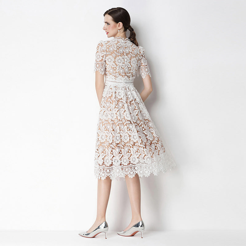 CM-DY070628 Women Elegant European Style Lace Stand Collar Short Sleeve Hollow Out Midi Dress - White