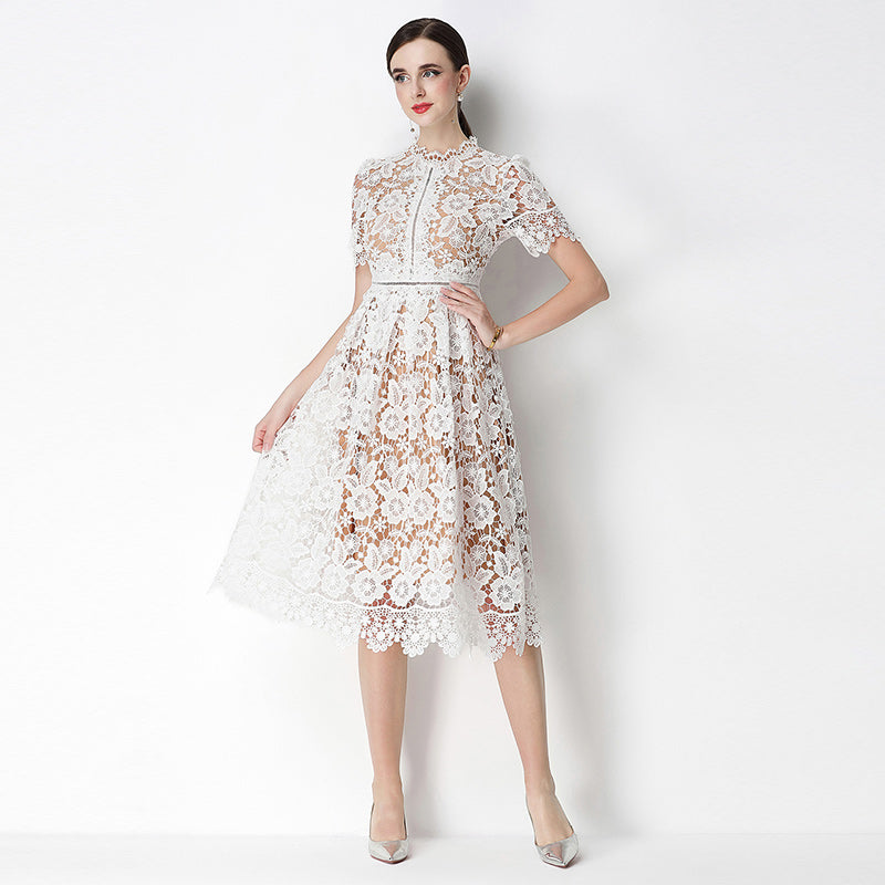 CM-DY070628 Women Elegant European Style Lace Stand Collar Short Sleeve Hollow Out Midi Dress - White